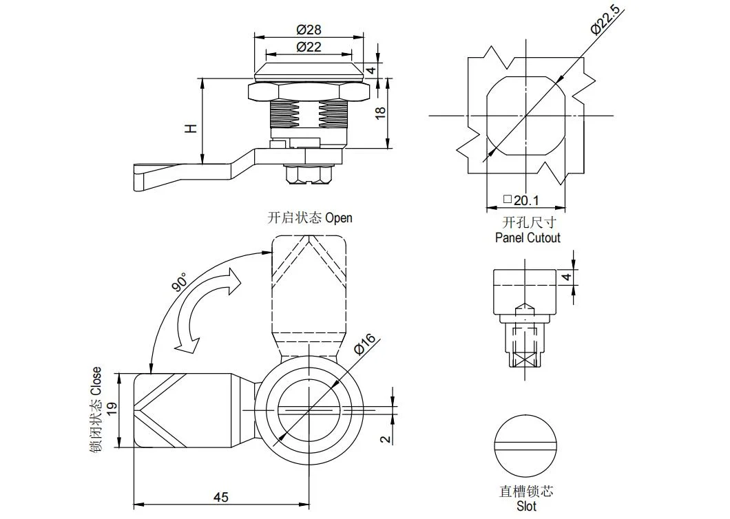 2X4 Slot Stainless Steel Quarter Turn Lock, SUS316 Industrial Lock