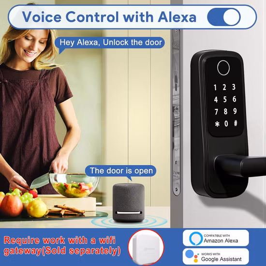 Serrure de porte intelligente à empreintes digitales, serrure de porte d'entrée sans clé avec poignée réversible, clavier numérique à écran tactile 6 en 1